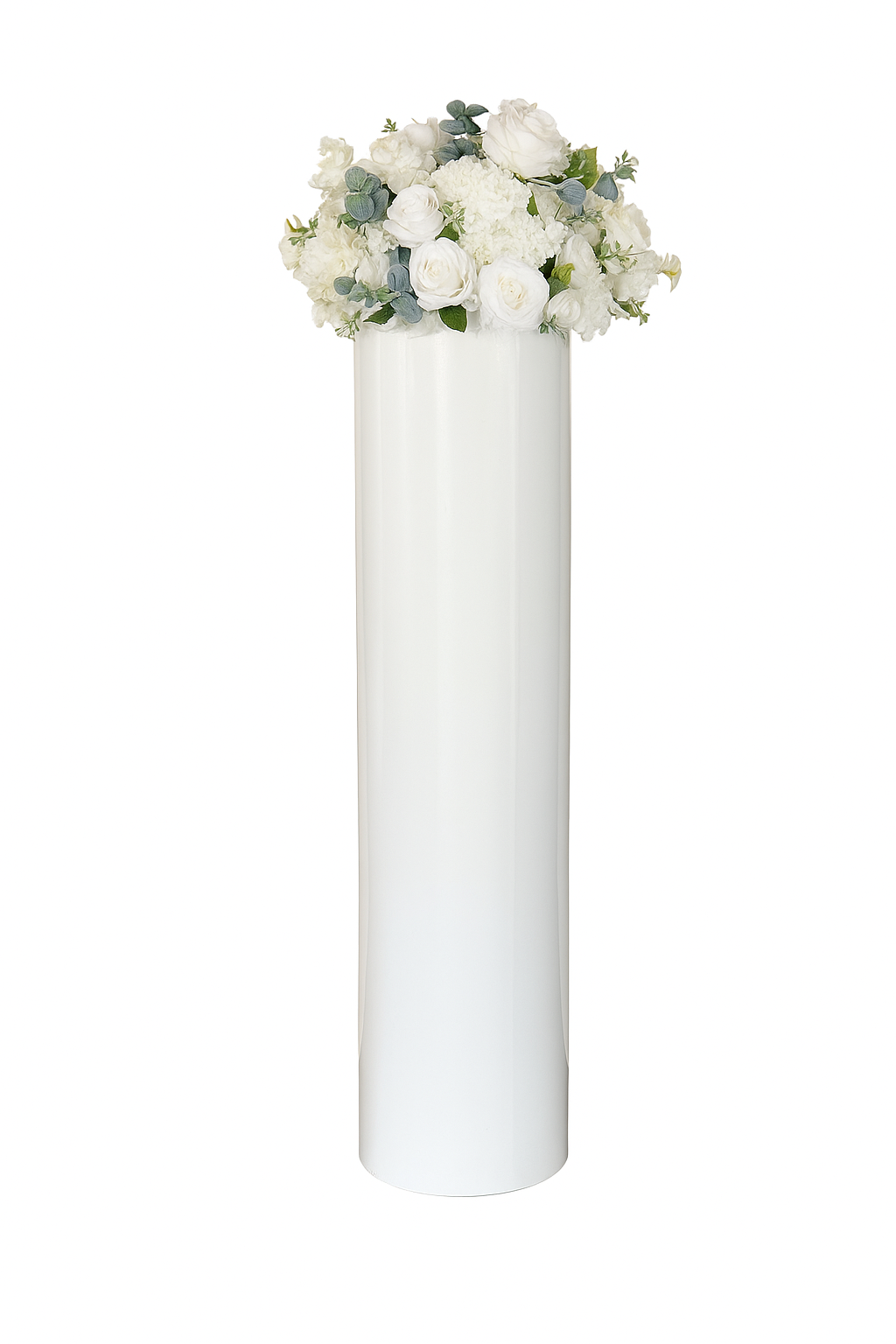Ensemble de 6 Colonnes Cylindriques Blanches avec Boules Florales – Décoration Élégante pour Mariage & Réception